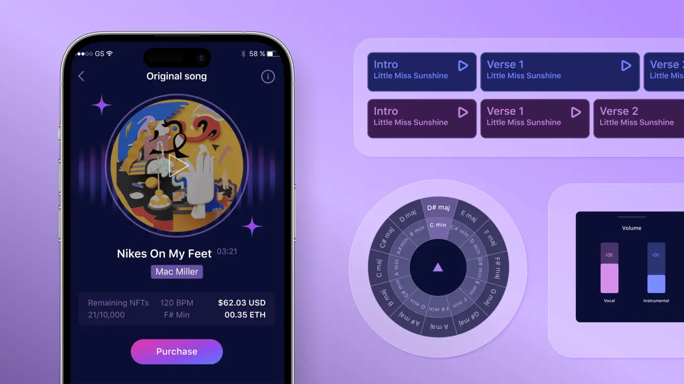 Экран покупки песни через NFT, от которого пришлось отказаться из-за изменений политики рецензии приложений, и элементы рабочего пространства — секции вокала и инструментала, колесо тональностей и управление громкостью.